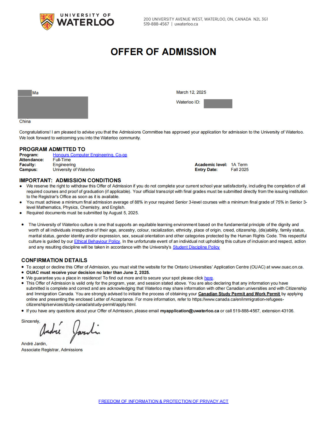 Acceptance Letter - Waterloo